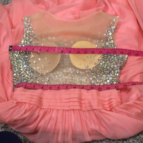 May Queen Prom Dress Size 2 Coral Pink Aurora Borealis Rhinestone Gown - Picture 6 of 9